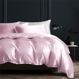 Satin Bed Linen Set 155 x 220 cm 3-Piece Pink Silky Touch Shiny Silk Plain Duvet Cover Set Smooth Luxury Light Pink Bedding Set Soft Double Bed with Zip and Pillowcases 80 x 80 cm