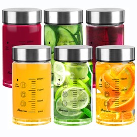 Glass Juice Bottles 6 Pack 10 oz - Wide Mouth Glass Water Bottles with Lids - for Juicing, Protein, Smoothie, Milk, Reusable, BPA Free, Stainless Steel Lids, Blender, Shaker Bottle (10oz/300ml)