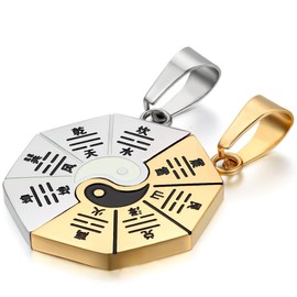 JewelryWe MatchingYin Yang BA GUA Eight Trigrams Stainless Steel Lucky Charm Pendant Necklace Set for Couple, Silver Gold