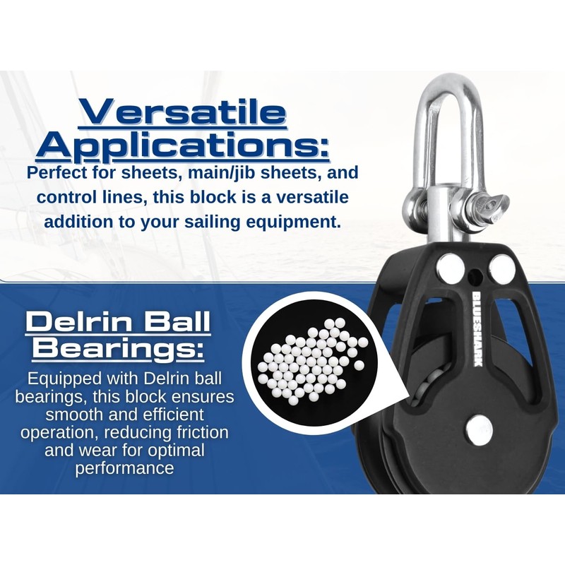 Blue Shark 2250-Sailing Pulley Blocks 38mm Single Swivel (2-Pack)