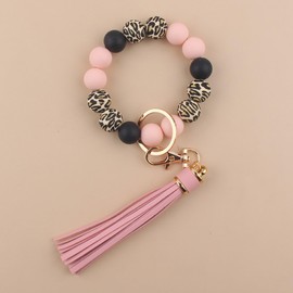 Leopard Silicone Beaded Wristlet Keychain, PU Tassel Bracelet Bangle Beads Car Keyring for Women,Wrist Key Chains (Pink)