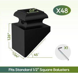 48 Pack Baluster Shoes, Iron Slant Shoes for 1/2 Inch Square Spindles, Black 45 Degree Angled Stair Baluster Shoe, Staircase Railing Base Cover