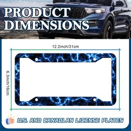 Blue Lightning License Plate Frames - 2 Pack Thunder Funny License Plate Holder, Stainless Steel Rust-Proof Waterproof Car Decorative Tag Frame with Screws Fasteners Caps