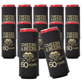 Cheers and Beers to 60 Years Can Coolers - 12 Pcs Black & Gold Coolies - 60th Birthday Favors for Guests- 60th Birthday Decorations - 60th Birthday Party Favors for Guests - Cheers & Beers to 60 Years