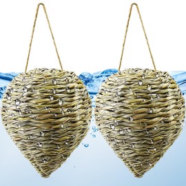 2 Pack Woven Reed Crochet Wasp Nest Decoy, Faux Hanging Wasp Hornets Hive Nests Artificial Fake Wasp Nest Decoy Decoration for Patio Eaves Yard Home, 15×7.5 Inch