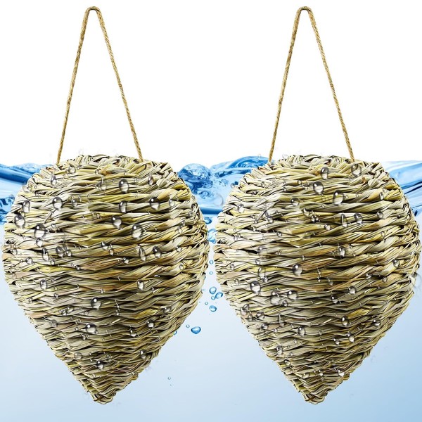 2 Pack Woven Reed Crochet Wasp Nest Decoy, Faux Hanging