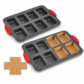 Mini Loaf Baking Pans, 2 Pack 8-Cavity Carbon Steel Banana Bread Pan and 100 Parchment Liners, Nonstick Mini Loaf Pan for Baking Bread, Cornbread, Brownies