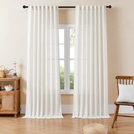 Joydeco Light Filtering Curtains 90 Inch Length for Bedroom, Linen Curtains 90 Inch Length 2 Panels Set for Living Room，White Semi Sheer Curtains 90 Inches Long with Rod Pockets