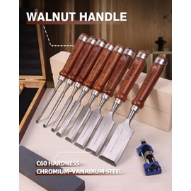 VANSORK 10-Piece Wood Chisel Set with Wooden Box for Woodworking, Honing Guide, Sharpening Stone, CR-V 60 Steel Beveled Edge Blade, Comfortable Walnut Handle