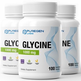 Puregen Labs Glycine 1000mg [High Potency] Total 300 Vegetarian Capsules, Promotes Healthy Rest | No Harmful Additives | Non-GMO, NO Gluten and Dairy