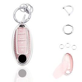vehicleloong Key Fob Cover Case Shell Keychain for Nissan Rogue Sentra Altima Pathfinder Frontier Kicks Murano Versa Maxima Infiniti Accessories Accessory Girly Women, 4 Button, Pink Silver, TPU