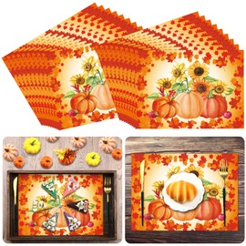 36 Pcs Thanksgiving Disposable Paper Place Mats Fall Placemats Autumn Sunflowers Maple Leaves Pumpkins Placemats Orange Fall Table Mats Harvest Decor for Thanksgiving Party Kitchen Dining Table