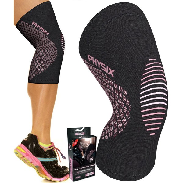 Physix Gear Knee Support Brace - Premium Recovery & Compression Sleeve For Meniscus Tear, ACL, MCL Running - Best Stabilizer Wrap for Squats & Workouts (Single Pink S)
