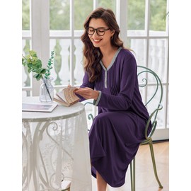 Ekouaer Womens Plus Size Nightgown Long Sleepshirts Long Sleeve Night Gown Full Length Henley Sleep Dress with Snaps (with pockets) 3XL Dark Purple