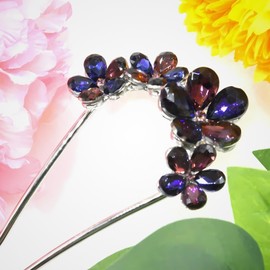 Miaomyao Kanzashi, Kanzashi, Bee-type, Kimono, Yukata, Hair Ornament, Metal, Antique Plum Blossom, Flower, U-shaped Comb, Silver, Hair Accessory (Navy Blue & Purple)
