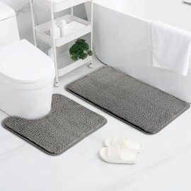 AUAUY Bathroom Mat Sets 2 Piece, Microfiber Fluffy Shaggy Bath Mat+Toilet Rug, Extra Soft Absorbent Bath Mats for Bathroom, Anti Slip Quick Dry Bathroom Rug Toilet Mat for Bathroom Floor, Toilet, Grey