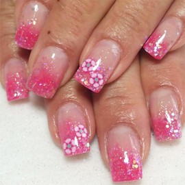 Spring Press on Nails Short Square - ZWENJIE Pink Ombre Fake Nails Press ons Nail Art Tips with Glitter Flower Design Full Cover Acrylic False Nails Glossy Glue on Nails for Women 24 PCS