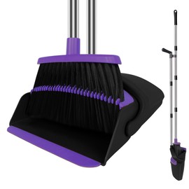 Broom and Dustpan Set, Upright Purple Broom with Dustpan Combo Set 51" Long Handle, Self Cleaning Dust Pan for Home, Kitchen and Office