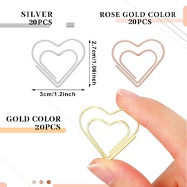 Goiern® Set of 30 Heart Paper Clips (Silver/Rose Gold/Gold Paper Clips), Paper Clips, Foldback Clips, Metal, Heart Shape Paper Clips, Office, Classroom