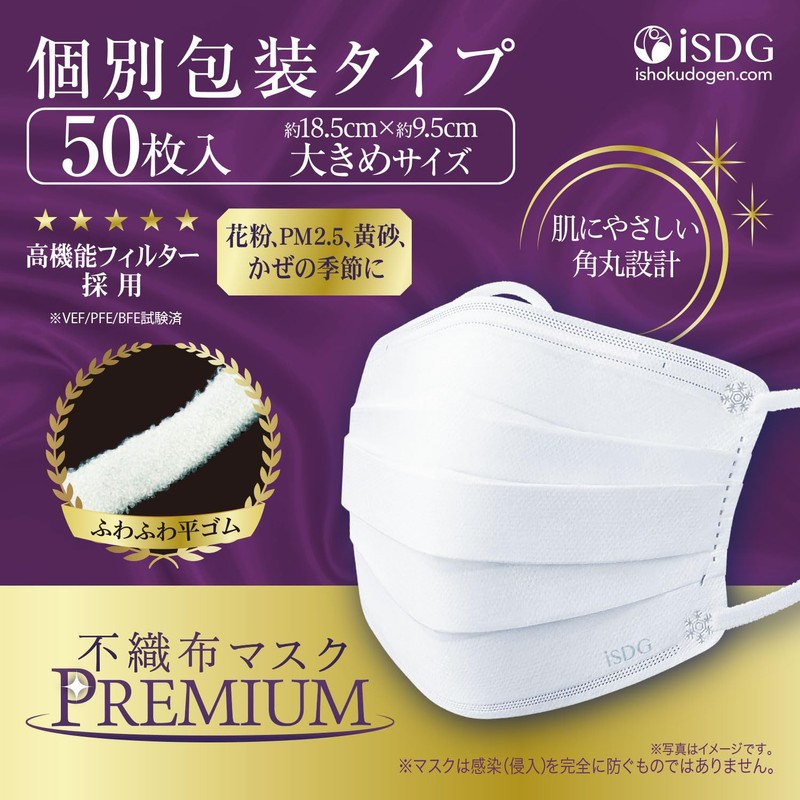 iSDG Non-Woven Mask, Premium, Large Size, 50 Sheets (Individually Packaged)
