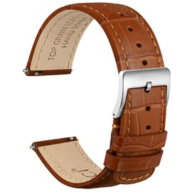 WOCCI 20mm Watch Strap, Top Grain Leather, Embossed Alligator Grain, Quick Release, Silver Buckle (Honey Brown)