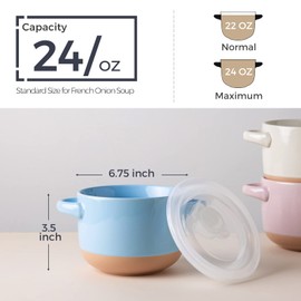 AmorArc 24 Ounces Soup Bowls with Large Handles and Lids, Stoneware Bowls Set of 2 for Soup, Cereal, Stew, Noodle, Colourful Ceramic Kitchen Bowls, Microwave&Dishwasher Safe, Blue&Pink