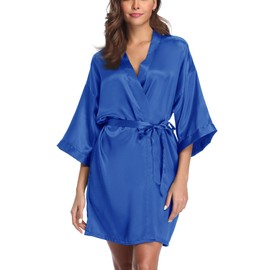Women's Short Kimono Robe Satin Bridal Party Bathrobe for Bridesmaid Satin Sleepwear Getting Ready Royal Blue