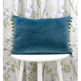 Riva Paoletti Fiesta Rectangular Cushion Cover - Duck Egg Blue - Natural Beige Pompom Edges - Faux Velvet - Reversible - Zip Closure - 100% Polyester - 35 x 50cm ( 14" x 20" inches)