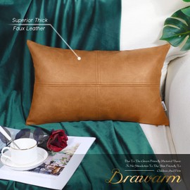 BRAWARM Faux Leather Throw Pillow Covers 12 X 20 Inches, Tan Leather Pillow Cover, Hand Stitched Leather Decorative Lumbar Pillow Cover for Couch Sofa Bed Living Room Home Garden