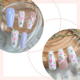 RUOKEXIN Coffin Press on Nails Medium Fake Nails Blue False Nails with Flower Designs Spring Glue on Nails Medium Nail Press ons Sparkly Artificial Nails Cute Stick on Nails for Women 24Pcs