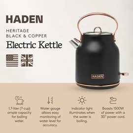 Haden Heritage 1.7 Liter Stainless Steel Electric Kettle, Hot Water Tea Kettle with 360-Degree Base and Auto Shutoff, Black & Copper