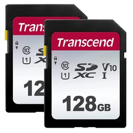 Transcend 128GB, SDXC UHS-I Memory Cards - Class 10, U1, 100MB/s, 300 Series - Pack of 2