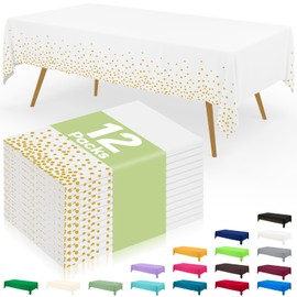 Smiry Disposable Table Cloth 12 Pack, 54 x 108 Inch Waterproof Plastic Tablecloth, Decorative Rectangle Table Covers for Party, Birthday, Picnic, White&Gold
