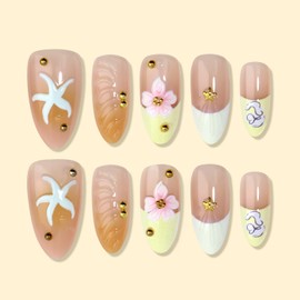 HOSAILY 3D Yellow Flower Press on Nails Medium Almond, Gold Starfish Charm Summer Beach Press ons for Women, 24pcs Glossy Pretty Reusable Semi-Homemade Soft Gel Full Cover Stick on Fake Acrylic Nails