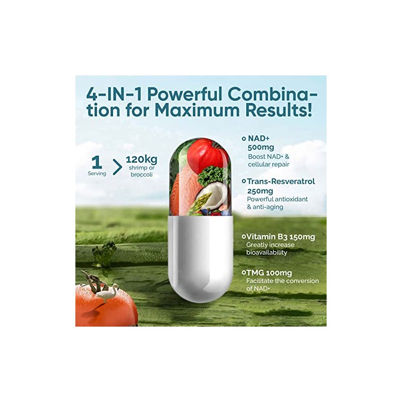 NAD+ Supplement 1000mg, 120 Count High Purity NAD+ for Cellular
