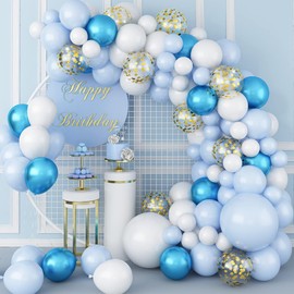 Blue Balloons Garland Arch Kit, Blue White and Gold Confetti Latex Balloons,Blue White Macaron Balloons for Birthday, Graduation, Baby Shower, Wedding, Anniversary Decoration