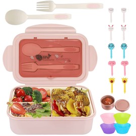 Bento Box, Fiambrera Lonchera para Adultos, Caja de Almuerzo de Estudiante,1400ml-4 Compartimentos, con Púas de Alimentos, Tazas para Tartas, Apto para Microondas/Lavavajillas/Congelador (Rosa)