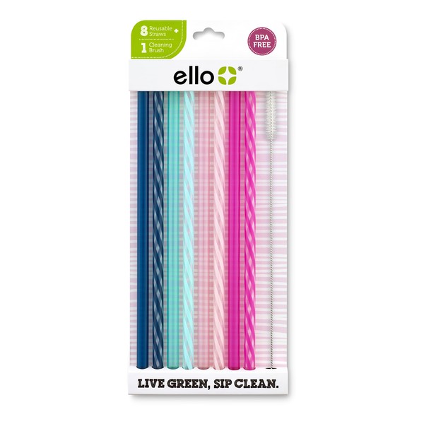 Ello Impact Reusable Hard Plastic Straws with Cleaning Brush, 8 Piece, Rosewater