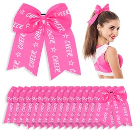 Landical 16 Pcs 7 Inch Large Cheer Hair Bows for Teens Girls, Cheerleader Bows with Elastic Hair Tie Ponytail Holder Band for Cheerleading College Sports Softball Birthday Competition Parties (Pink)