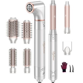 Rylena 8-in-1 Air Styler Pro & Hair Dryer Brush for Dry/Curl/Smooth/Volumize, Frizz-Free High-Speed 110,000 RPM Blow Dryer Brush, Ionic Care, Auto Curlers, 4 Over/Round Brush, Concentrator, White