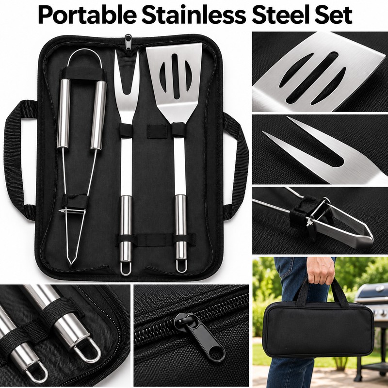 3-Piece Stainless Steel BBQ Grill Tool Set for Outdoor Cooking