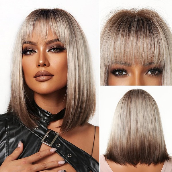 Kikone Long Bob Wigs with Fringe, 18 Inch Ombre Brown Wigs for Women, Heat Resistant Wigs, Grey and Brown, Shoulder Length Wig, Synthetic Wigs for Fashion, Women, 46 cm