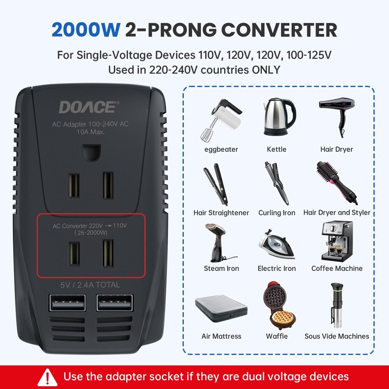 Upgraded 2000W 220V to 110V Converter for European Travel, Voltage