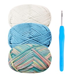 Renyiz Chunky Yarn for Crochet,Cotton Yarn Thick Wool for Crochet 3x50g Crochet Yarn for Beginners Amigurumi Yarn with 4mm Crochet Hook,Easy Crochet Starter Kit (blue)