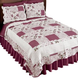 Collections Etc Hadley Floral Patchwork Reversible Lightweight Quilt, Burgundy, King
