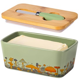 Mushroom Butter Dish with Lid,Large Butter Crock Keeper Saver,Ceramic Butter Container for Countertop with Highly Sealed Silicone Thick Wooden Lid for Kitchen Farmhouse Decor (Mint Green, Mushroom)