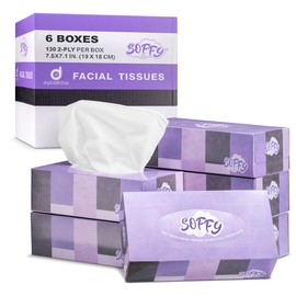 Facial Tissues, 2 Ply White - 130 Per Box, Car and Travel, Face Tissue 7.5" x 7.1", (Pack of 6) Tissue Box