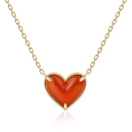 CHARMINGO Love Heart Birthstone Necklace for Women, Dainty 18k Gold Healing Crystal Pendant Necklace, Natural Gemstone Carnelian Heart Necklace Jewelry Gift Mother's Day/Birthday/Valentine's Day