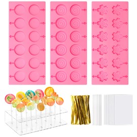 304Pcs Silicone Lollipop Molds Kit - Pink Lollipop Candy Molds with 15 Holes, Acrylic Stand, 100P Sticks, Bags, Ties