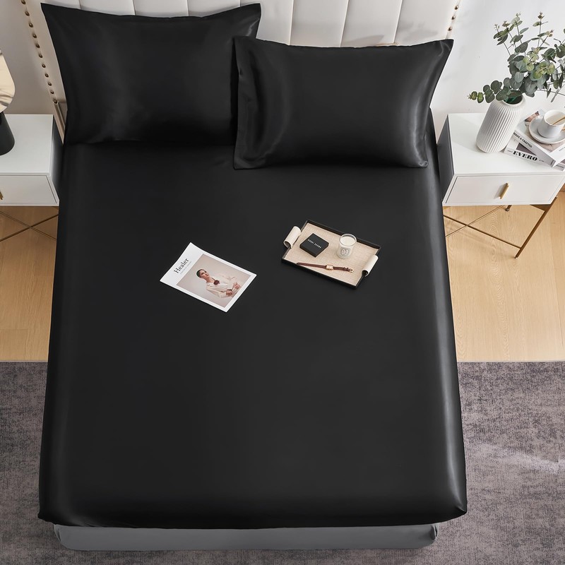 DuShow Fitted Sheet-Deep Pocket Satin Silky Bed Sheet,Breathable Soft and